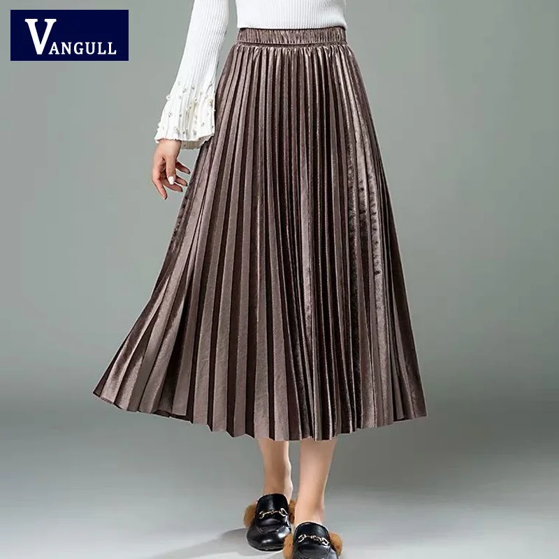 

VANGULL Women Long Metallic Silver Maxi Pleated Skirt Spring 2019 New Autumn Midi Skirt High Waist Elasticity Casual Party Skirt