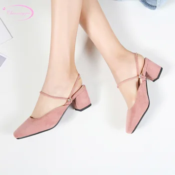 

Chinese casual style square toe summer flock sandals fashion belt buckle black pink beige thick high heels women's shoes