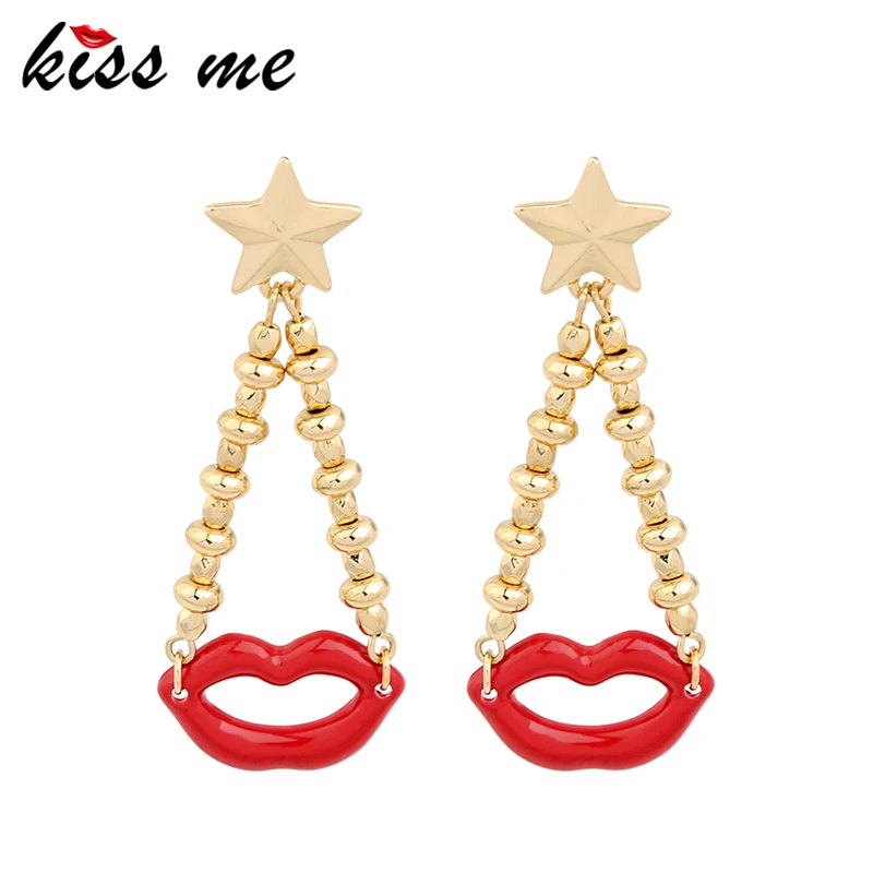 Женские серьги с пентаграммой kissme висячие золотого цвета красной эмалью