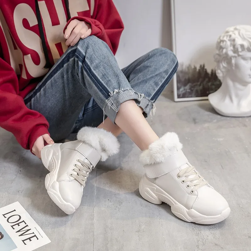 

New Winter Ankle Boots Faux Fur Woman Platform Flats Slip On Solid Creepers Round Toe Warm Casual Flat Shoes XWC1470
