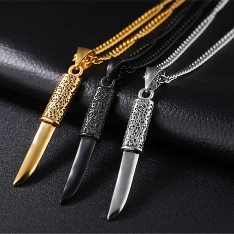 LINSOIR 2017 New Stainless Steel Knife Necklaces Pendants for Men Gold
