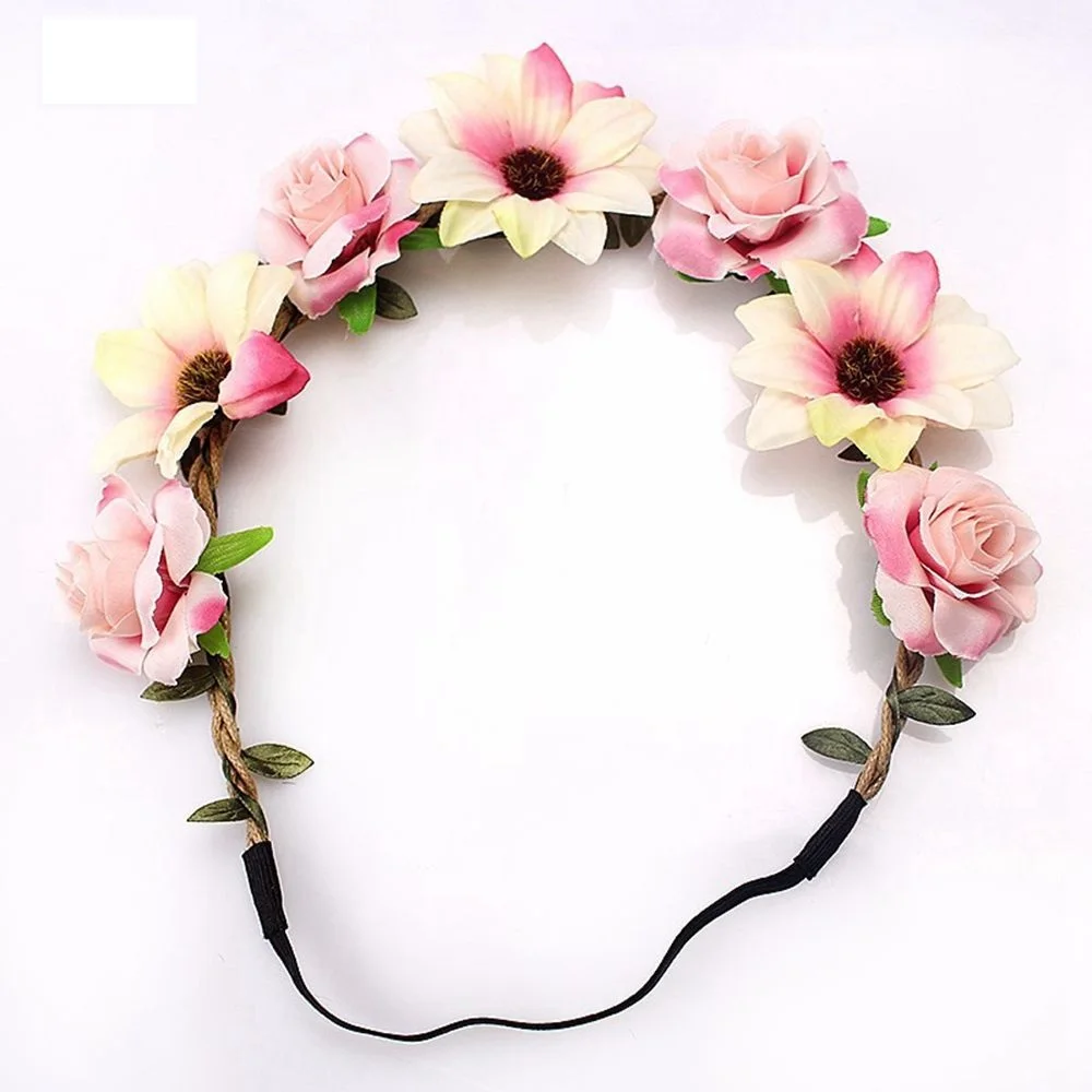 

Hot Sale Fashion Women Bride Flowers Headband Bohemian Style Rose Flower Crown Hairband Ladies Elastic Beach Hair Accessories