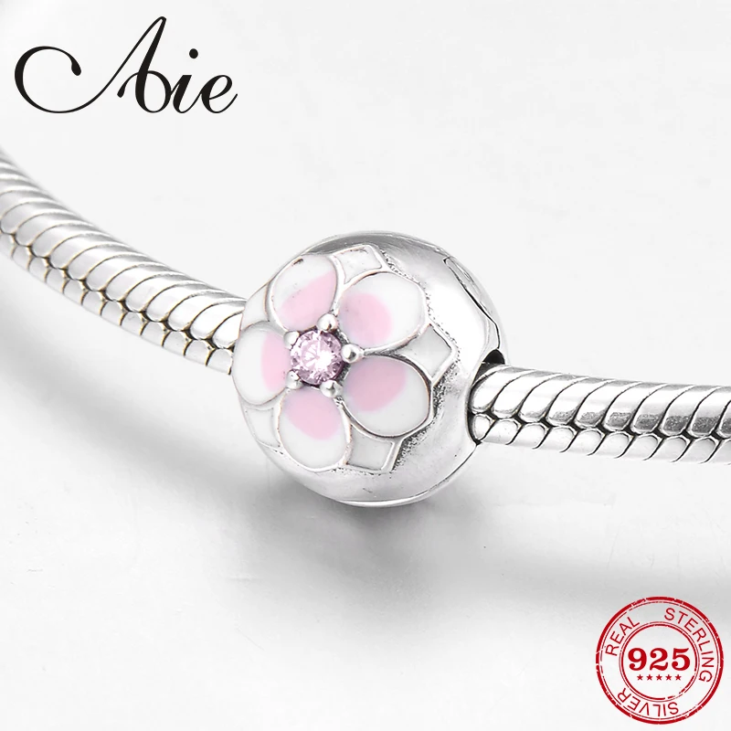 

Pink white enamel Magnolia 925 Sterling Silver fashion fine clips Lock beads Fit Original Pandora Charm Bracelet Jewelry making