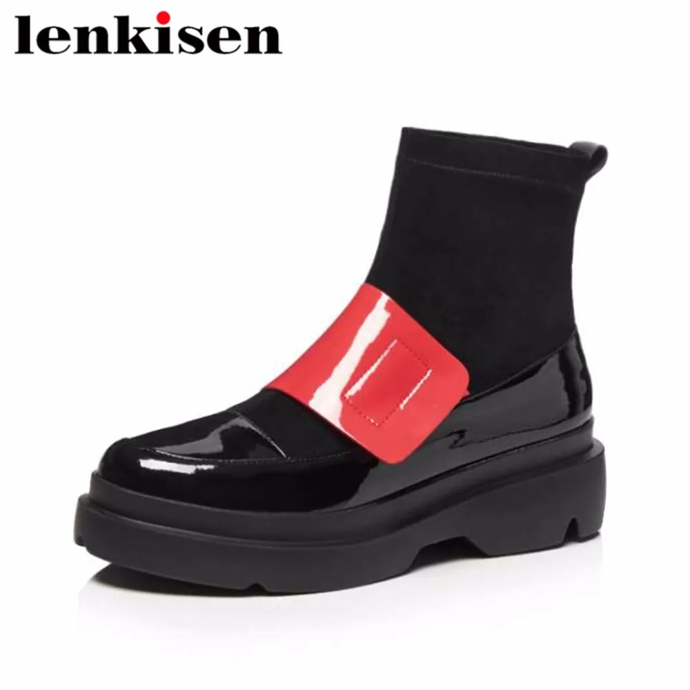 De Patchwork Femmes Gratuite Luxe Cuir Rond L53 Bureau rouge Sur Bottes Vache Fond Le Design Glissement Stretch Noir Bas Art Bout Livraison Lenkisen Cheville qT7wx