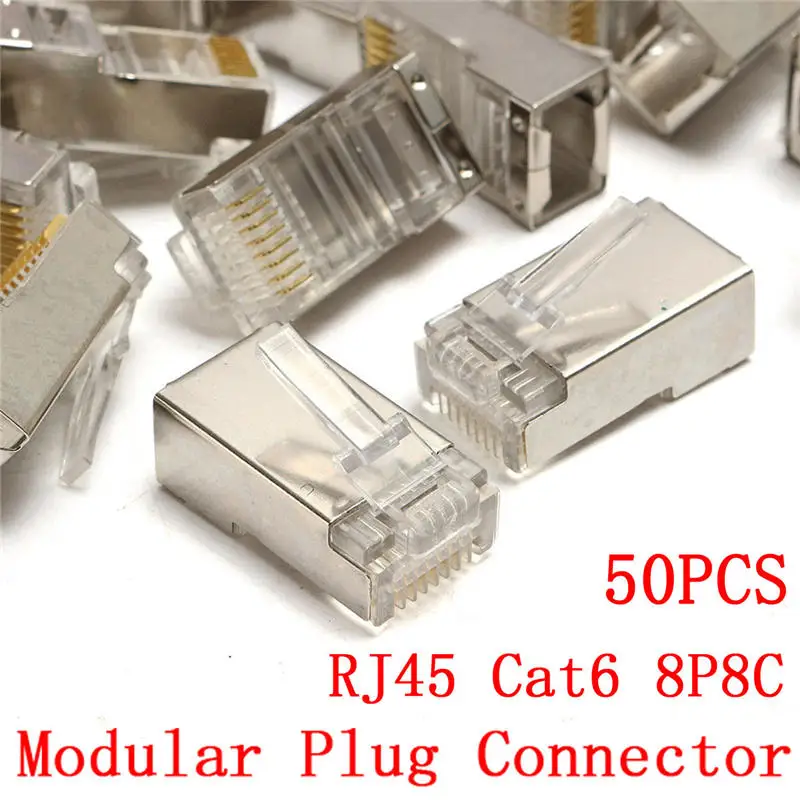 

50Pcs RJ45 Cat6 8Pin 8P8C Shielded Stranded Crimp Modular Plug Connector Socket