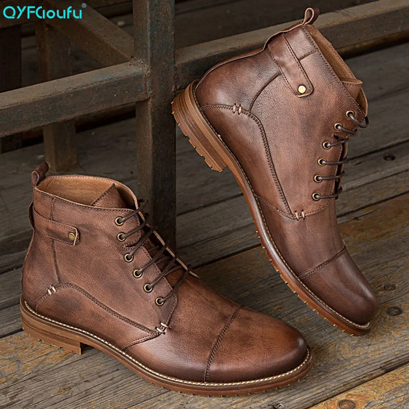 

New Genuine Leather Men Chelsea Boots Shoes High Quality Lace-up Ankle Boots Fashion Vintage Casual Boots