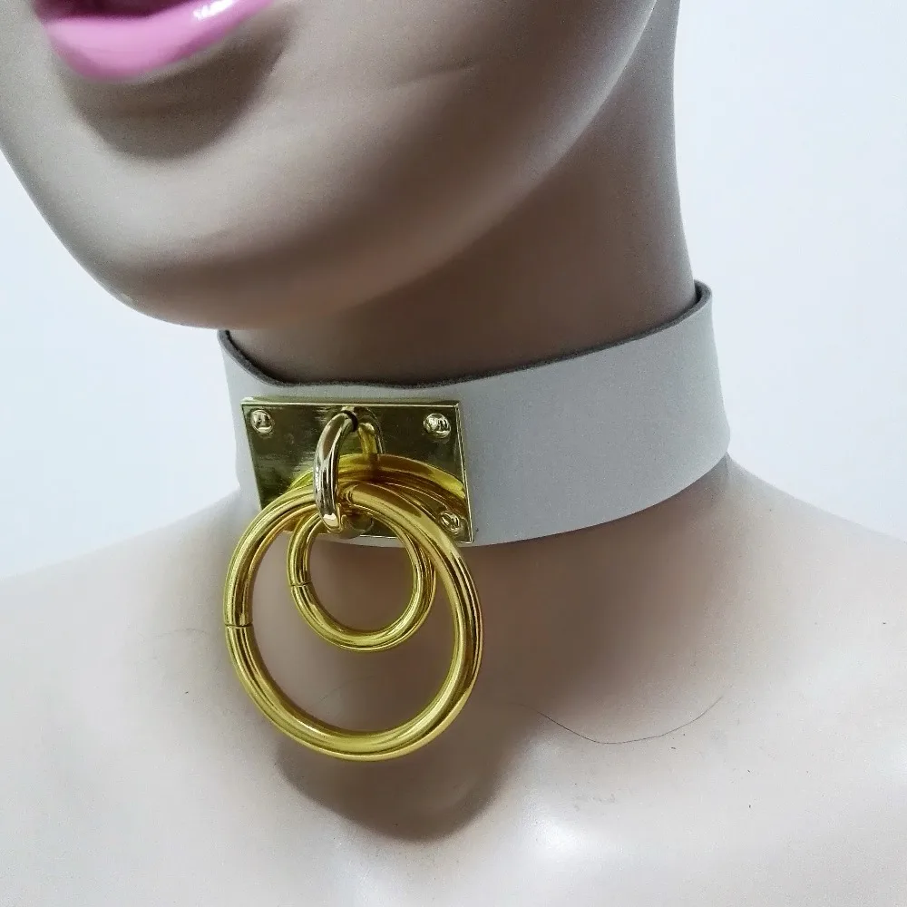 

Sexy Fashion Harajuku Handmade Leather Choker belt Rock Punk Goth Collar double O-Round Stud Gold-color color Necklace torque