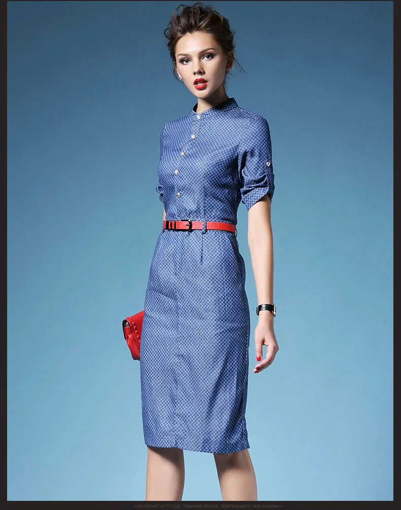 Women Summer Dress 2015 New Autumn Short sleeve Plaid Cotton Denim Dress High Quality