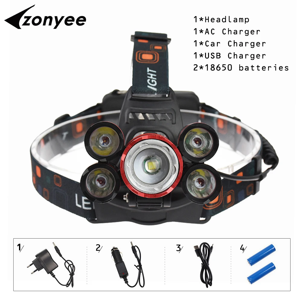 

Zonyee 5 LED Headlight T6+4*XPE LED Headlamp Headlight Waterproof Lamp Zoomable light 18650 Battery USB charger fishing Lights