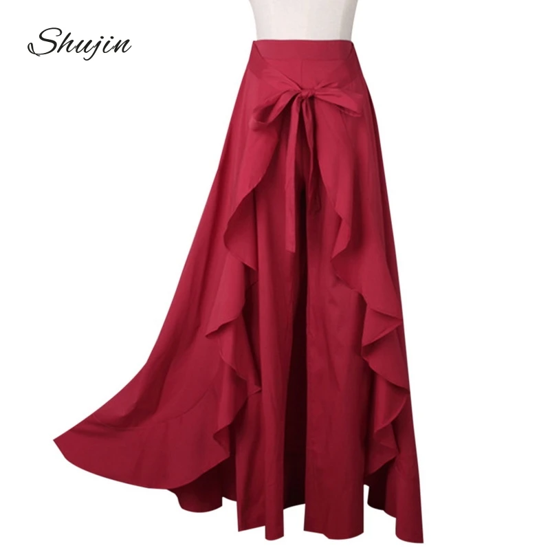 

SHUJIN Women Loose Pants Casual Bow Tie High Waist Ruffle Trousers 2018 Fashion Solid Irregular Female Long Harem Pants Skirts