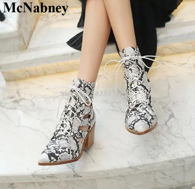 

McNabney Women Short Leather Boots Sexy Hollow Snakeskin Pattern Cross-tied Lace-Up Pointed Toe Square Heel Summer Women Shoes