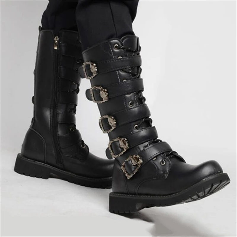 Botas de Couro da Motocicleta dos Homens Meados de Bezerro Botas de Combate Botas do Punk Bota do Exército Militar Cinto Gótico Sapatos Masculinos Tático