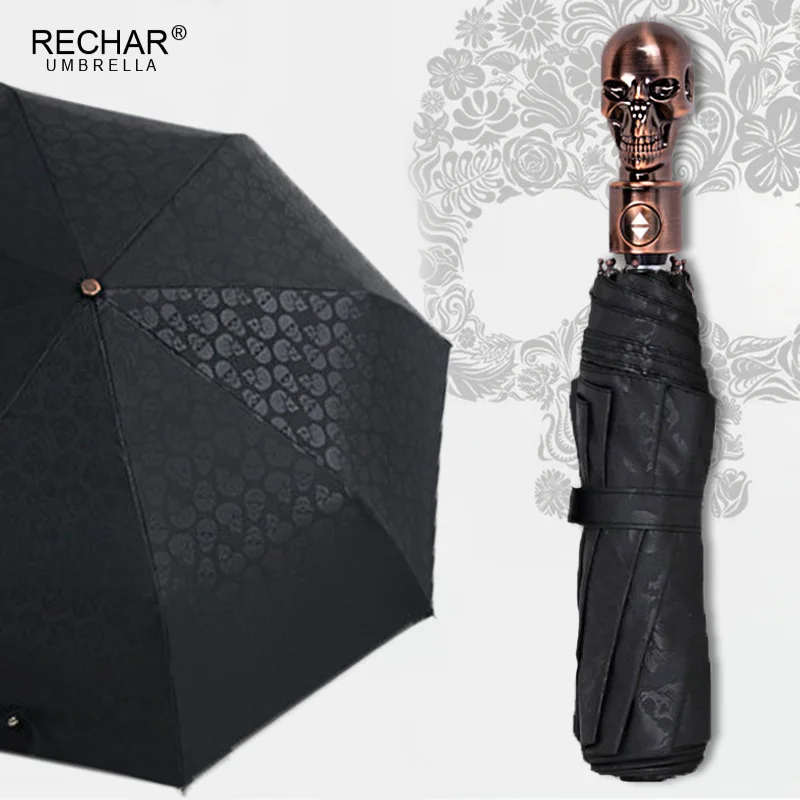 Baratos Paraguas para hombre con asa de calavera creativa, automático, 3 paraguas Retro plegable Punk, paraguas de lluvia para mujer, paraguas impreso de alta calidad para regalos