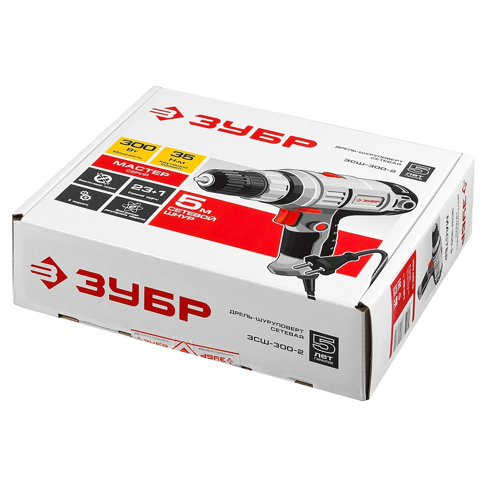 Дрель-шуруповерт электрический ЗУБР ЗСШ-300-2 (Мощность 300 Вт, макс.крутящий момент 35 Нм, 2 скорости 0-400/0-1400 об/мин, быстрозажимной патрон, длина провода 5 м)