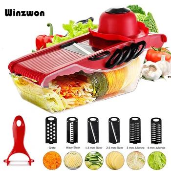 

6in1 Mandoline Slicer Spiral Vegetable Cutter Potato Julienne Peeler Garlic Press With Stainless Steel Blade Kitchen Accessories