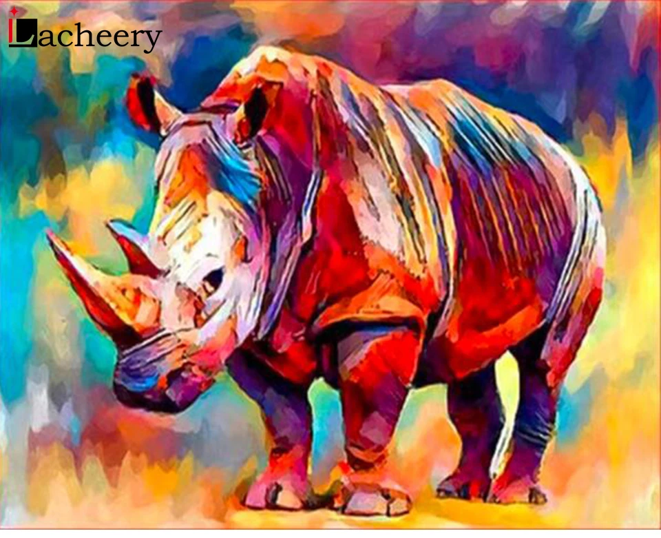 

DIY Propylene Framed Oil Painting by Numbers Colorful Rhinoceros Canvas Painting Wall Pictures for Living Room House Decor Mural