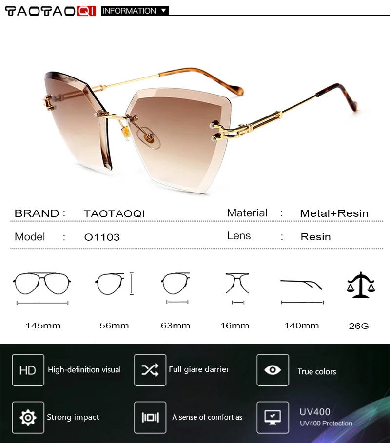 TAOTAOQI бескаркасные кошачий глаз солнцезащитные очки Женская винтажная, брендовая, дизайнерская, роскошные женские солнцезащитные очки мода сексуальные очки UV400
