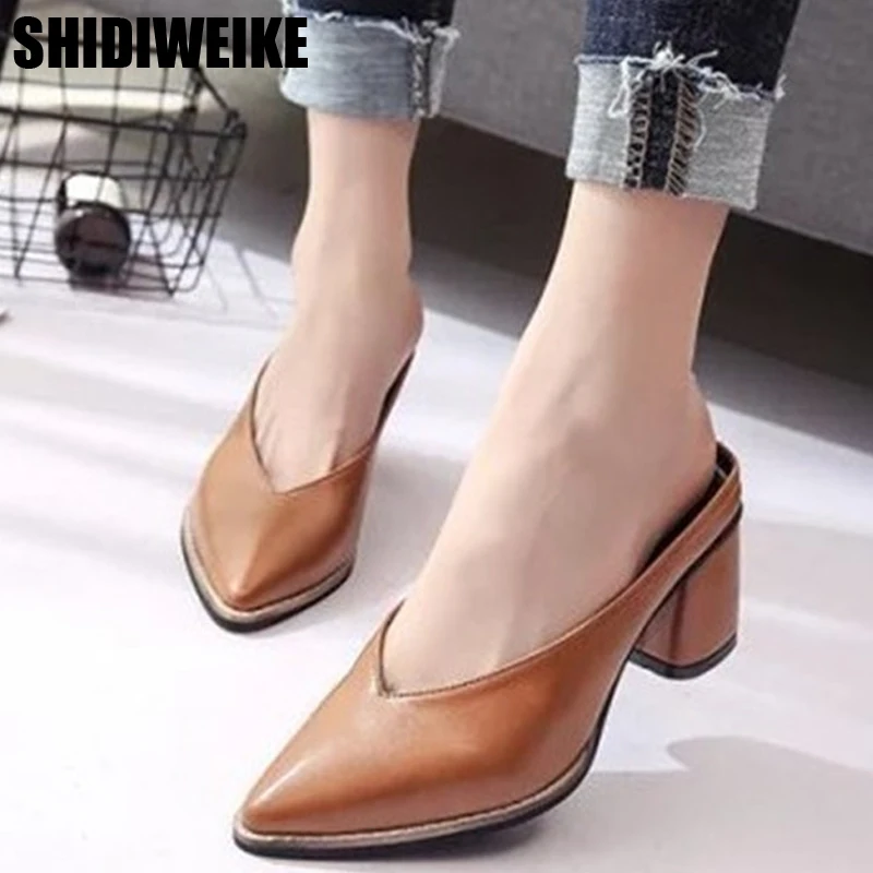 

2019 New Arrival Summer Solid Women Slippers Pointed Toe Square Heel Ladies Slides Women Fashion Brand Mules Shoes zapatos mujer