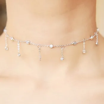 

Classic AAA Cubic Zirconia single Round Zircon Tassels Pendant Sexy Fine Thin Clavicle Necklace Chain Jewelry B1539