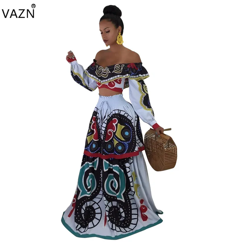 

VAZN Spring New Age Reduction 2019 Sexy 2-Pieces Women Print Slash-Neck Full Sleeve Dress Sexy Hollow Out Long Dress LSD8272