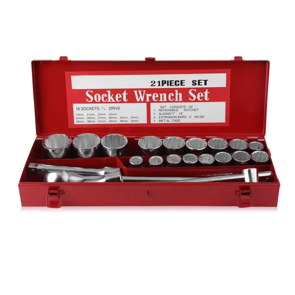 

21PCS Heavy Duty Metric 3/4 Inch Socket Tool Bit Set Drive Wrench Reversible Ratchet Sliding T-handle With Metal Case J28C30