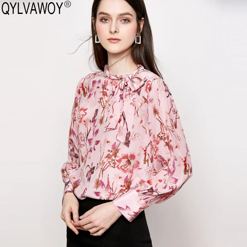 

Women's Silk Blouse Spring Fashion Woman Blouses 2019 Vintage Korean Floral Blouse Women Tops Pink Shirt Camisas Mujer SY2837
