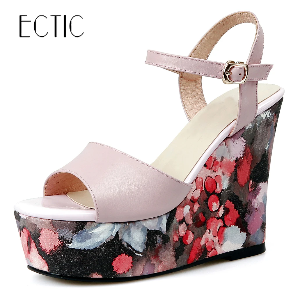 

Women's Sandals Genuine Leather Platform Wedges Summer Open Toe High Heels Ankle Strap Casual Dress Party Female Shoe