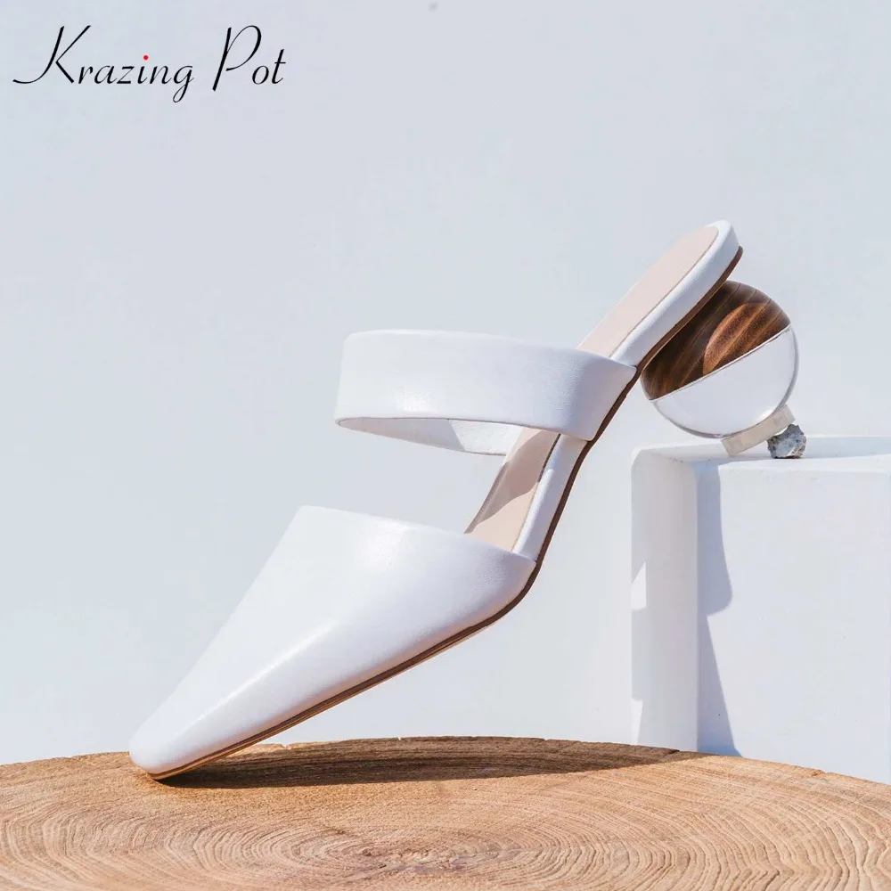 

Krazing Pot full grain leather mule slip on jelly outside slipper strange style crystal round heels 5.5cm streetwear sandals L16