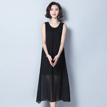 

temperament Large size M-XXXL Summer New Elegant O-Neck Sleeveless dress Solid Color Casual Chiffon Long Dress women