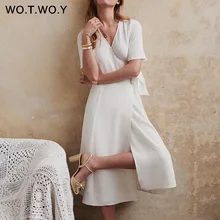WOTWOY белые черные платья кимоно женское с v-образным вырезом сексуальное Летнее Длинное Платье Макси расклешенное с коротким рукавом женские свободные платья до середины икры