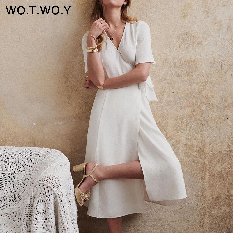 Economici WOTWOY Bianco Nero Kimono Abiti Da Donna Con Scollo A V Sexy Sash Estate Lungo Maxi Vestito Flare Manica Corta Femminile Allentato Mid abiti vitello