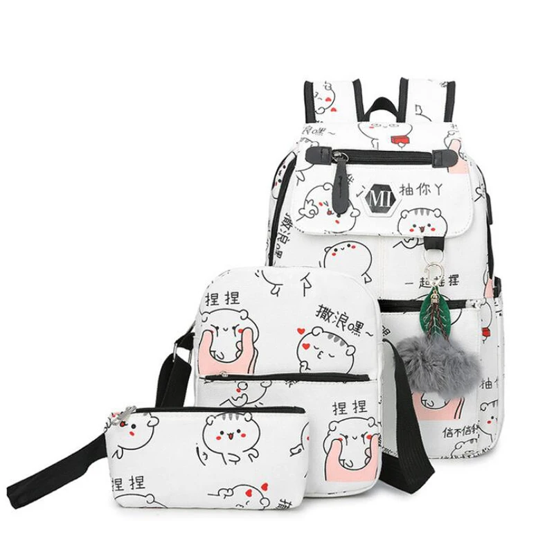 

Women Canvas Backpack Cartton School Bag For Teenagers Girls Preppy Style Composite Bags Set Travel High Quality Female Backpack