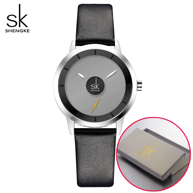 Women Gray Shengke минималистичные креативные стильные женские кварцевые часы с циферблатом, мужские и женские нарядные наручные часы, черные кожаные часы для влюбленных - Цвет: Women Gray