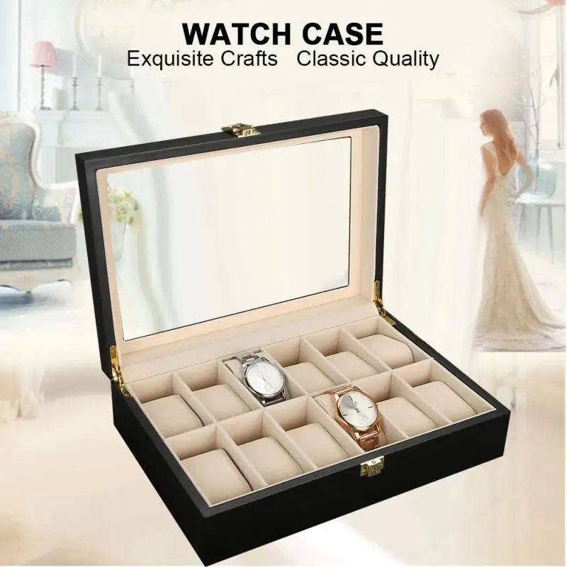 

12 Slot Grids Black Watch Holder Wood Transparent Cover Wristwatch Jewelry Display Storage Case Gift Box