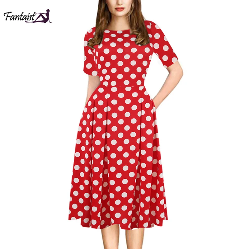 Fantaist Women Cotton Dress Vintage Polka Dot Wiggle A line Pockets O