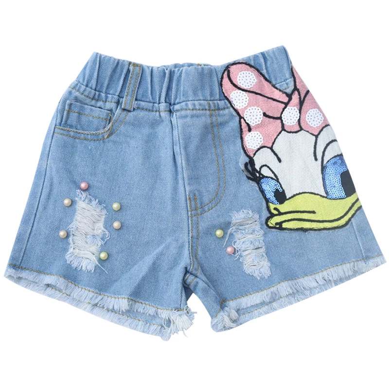 Pantalones cortos bonitos para niñas, pantalones vaqueros con dibujo animado de Hole, pantalones cortos