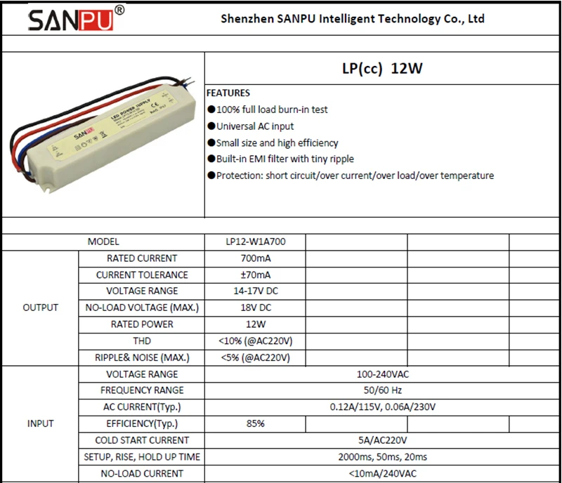 SANPU преобразователь постоянного тока светодиодный драйвер 700mA 12 Вт 17 в DC источник питания 110 В 220 В AC в DC 14-17 в трансформатор водонепроницаемый IP67