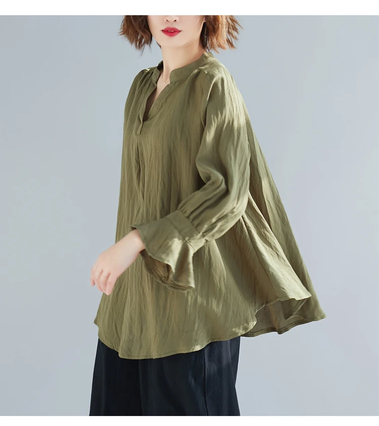 DIMANAF размера плюс женская блузка рубашка винтажные летние женские Топы туника с v-образным вырезом Женская одежда Свободная Повседневная с длинным рукавом одноцветная