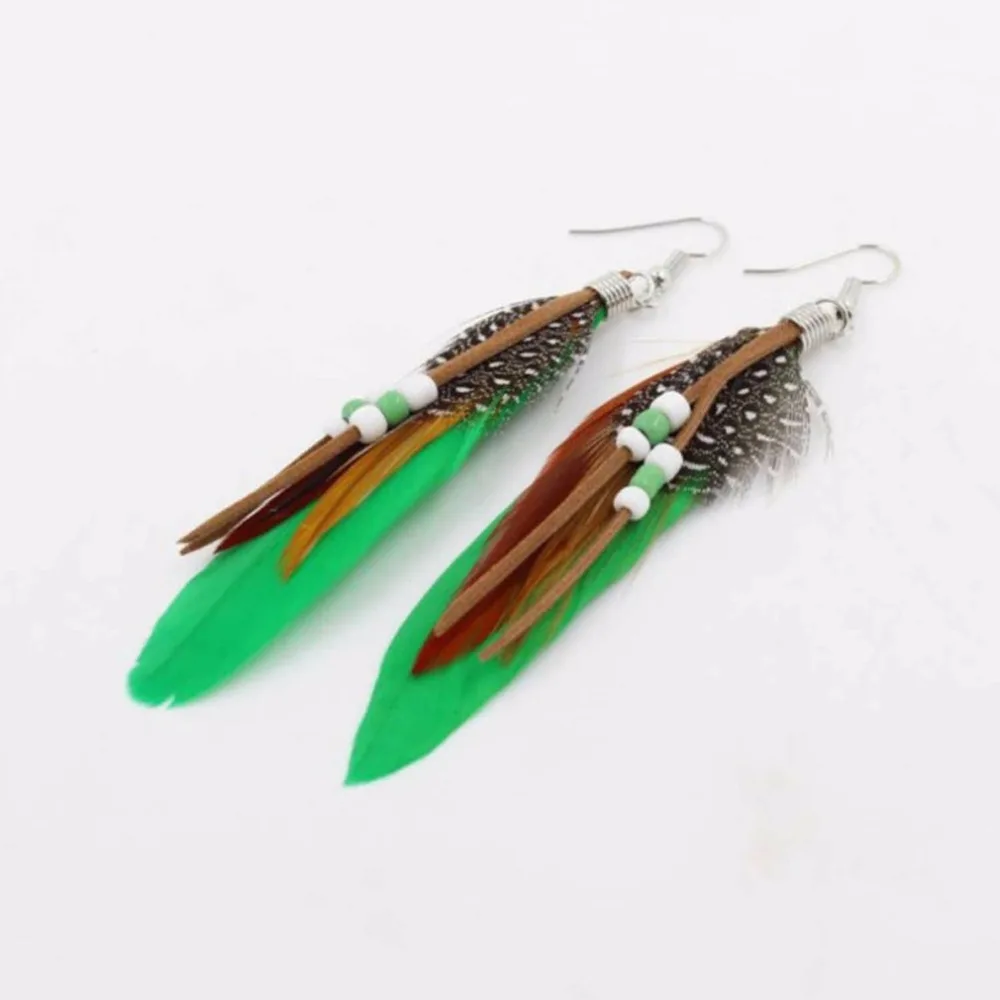 

10cm femme catwalk jewelry Green Blue Amazing Feather Earrings Bohemia Style womens beads Hanging drop boucle doreille gift