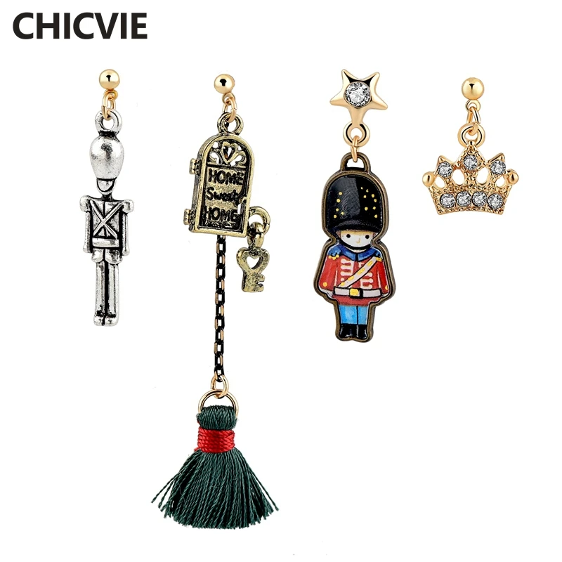 

CHICVIE British Unique Design The Cartoon Soldiers The Crown Asymmetric Earring Designs For Women Handmade Earrings SER170024