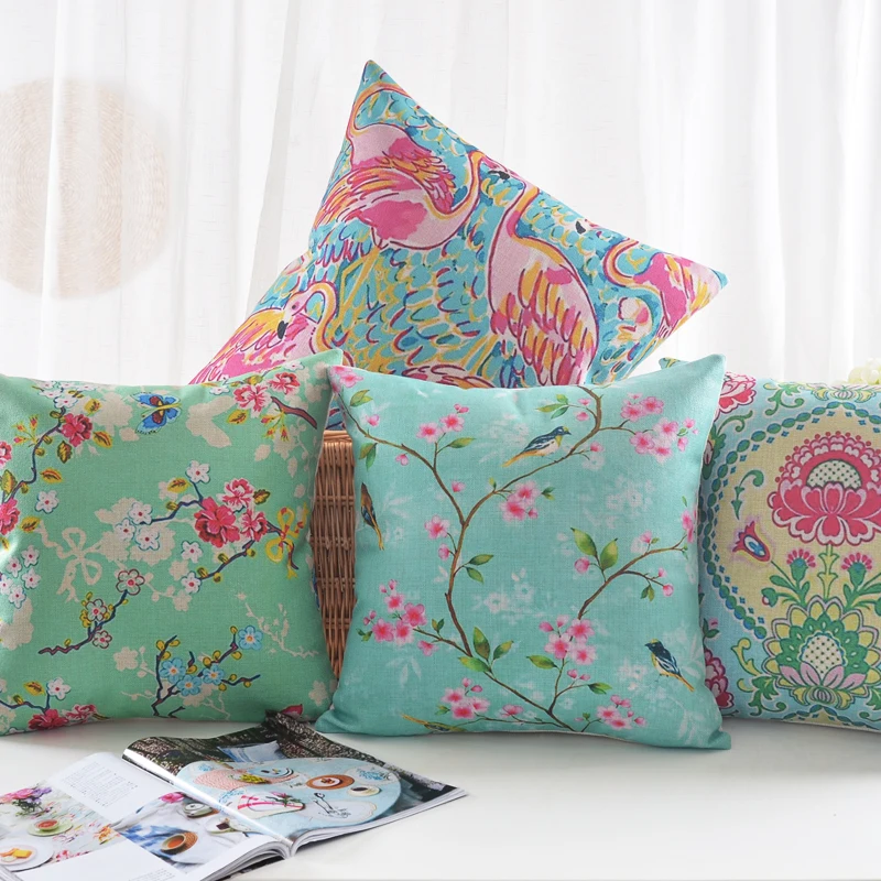 Japanese Style Flowers Cushion Covers Cotton Linen Cushion Covers Leafs