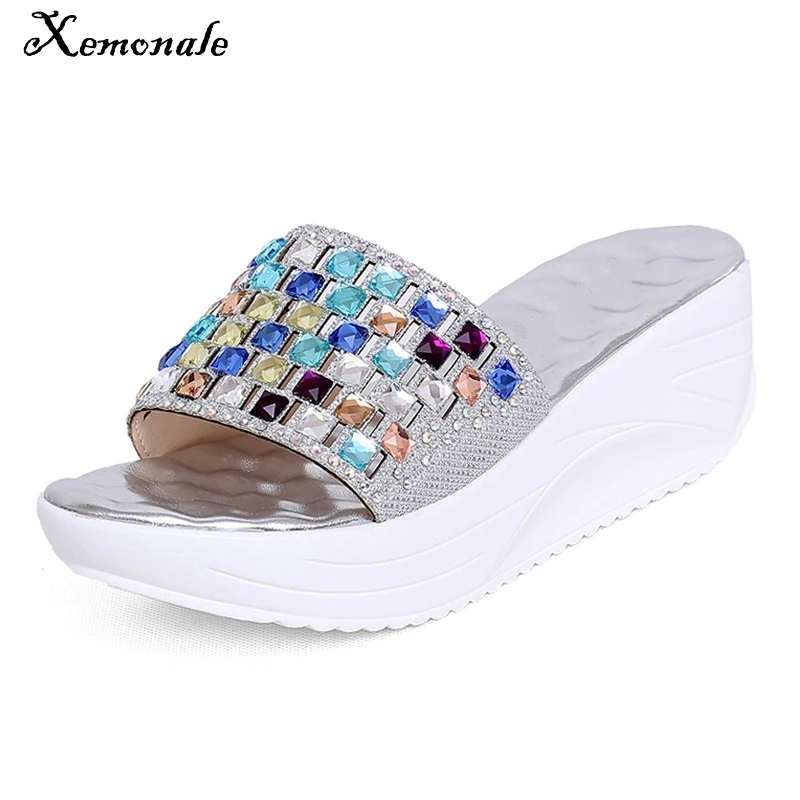 Xemonale Gold Silver Wedges Sandals Summer Platform Shoes Woman Slip On Creepers Rhinestone 