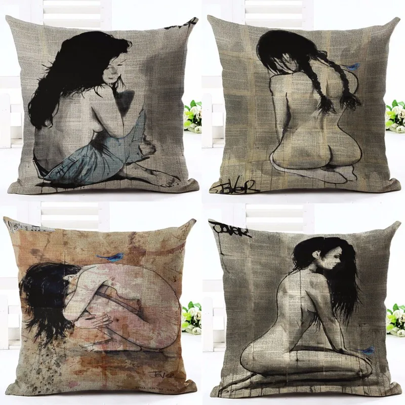 

Stylish Vintage Woman Print Throw Pillow Cover Shabby Chic Home Decor Sofa Headboard Yard Square Cotton Linen Cushion Cover