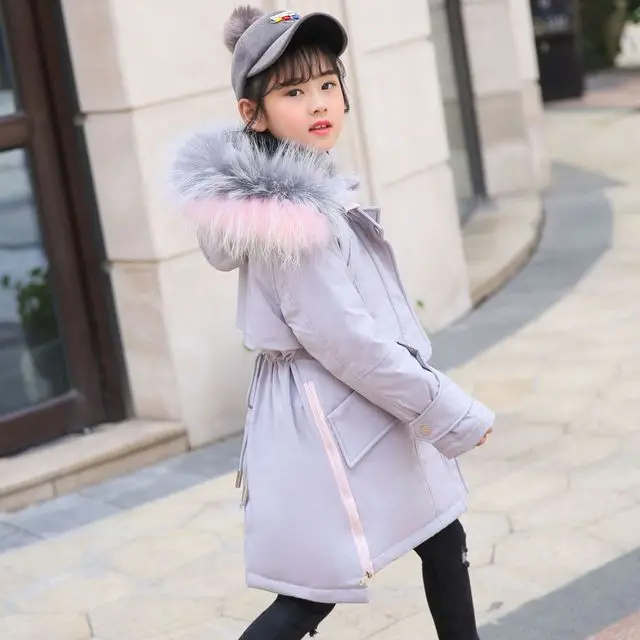 Rlyaeiz/ г. Зимние куртки для девочек, пальто средней длины белый пуховик на утином пуху, Толстая теплая модная цветная парка с меховым воротником для девочек, пальто