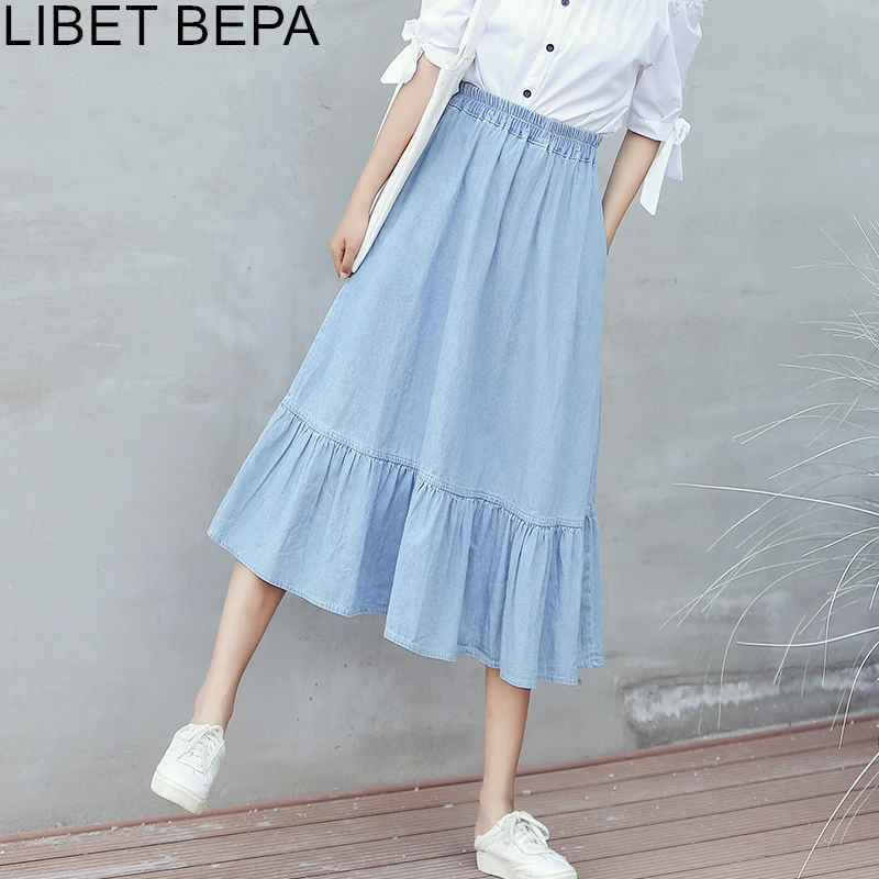 

New 2018 Spring Summer Women Midi Skirt A Line Casual Pleated Vintage Preppy Style High Waist Splice Elastic Denim Skirt SK167