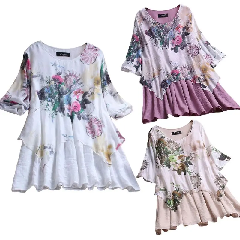 

2019 Women Plus Size Spring Casual Cotton Linen O Neck Long Sleeve Boho Floral Printed Irregular Loose Party Blouse Shirt Top
