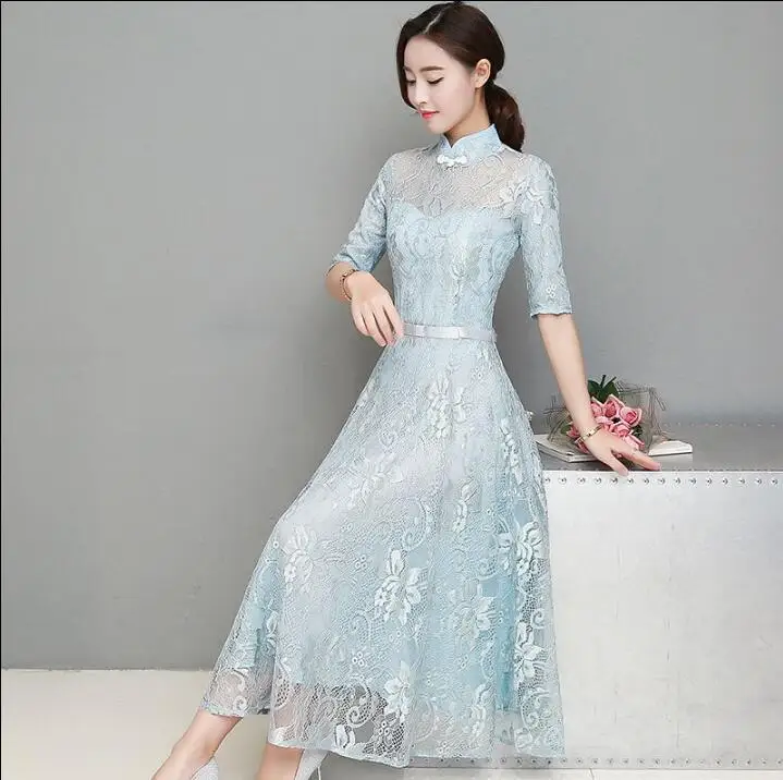 

2018 New Style Ao Dai Chinese cheongsam dress Lace dresses Spring Long