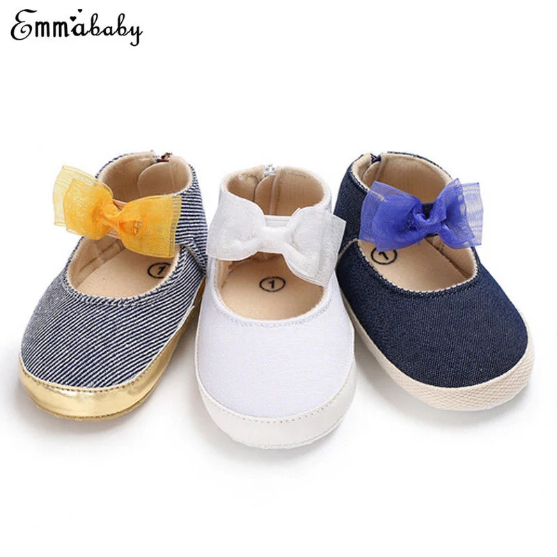 

Toddler Newborn Baby Boy Girl Shoes Canvas Soft Sole Crib Shoes Striped Bow Sneakers Prewalker