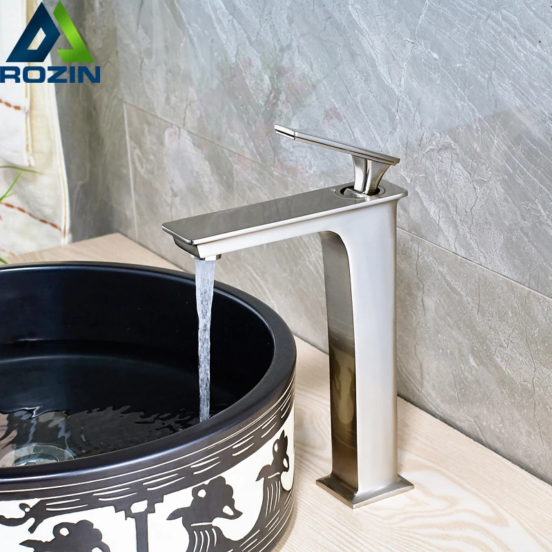 

Brushed Nickel Square Countertop Basin Sink Faucet One Handle Lavatory Vessel Sink Mixer Tap with Hot and Cold Water