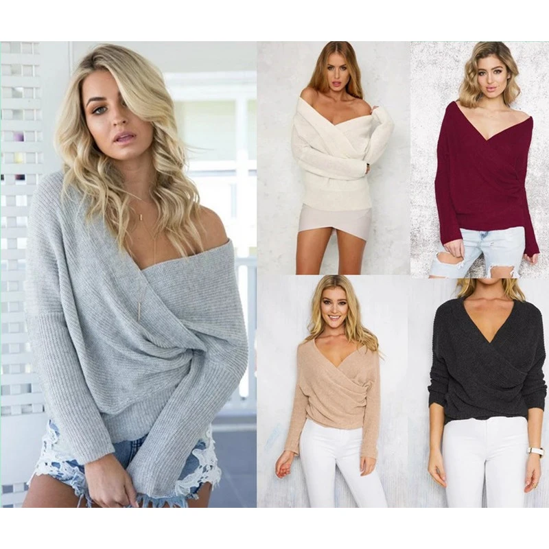 

5 color Plus Size S~XL Fashion Casual Cross Batwing Long Sleeve Deep V Neck Loose Pullover Sexy Knitting Women Sweater Tops